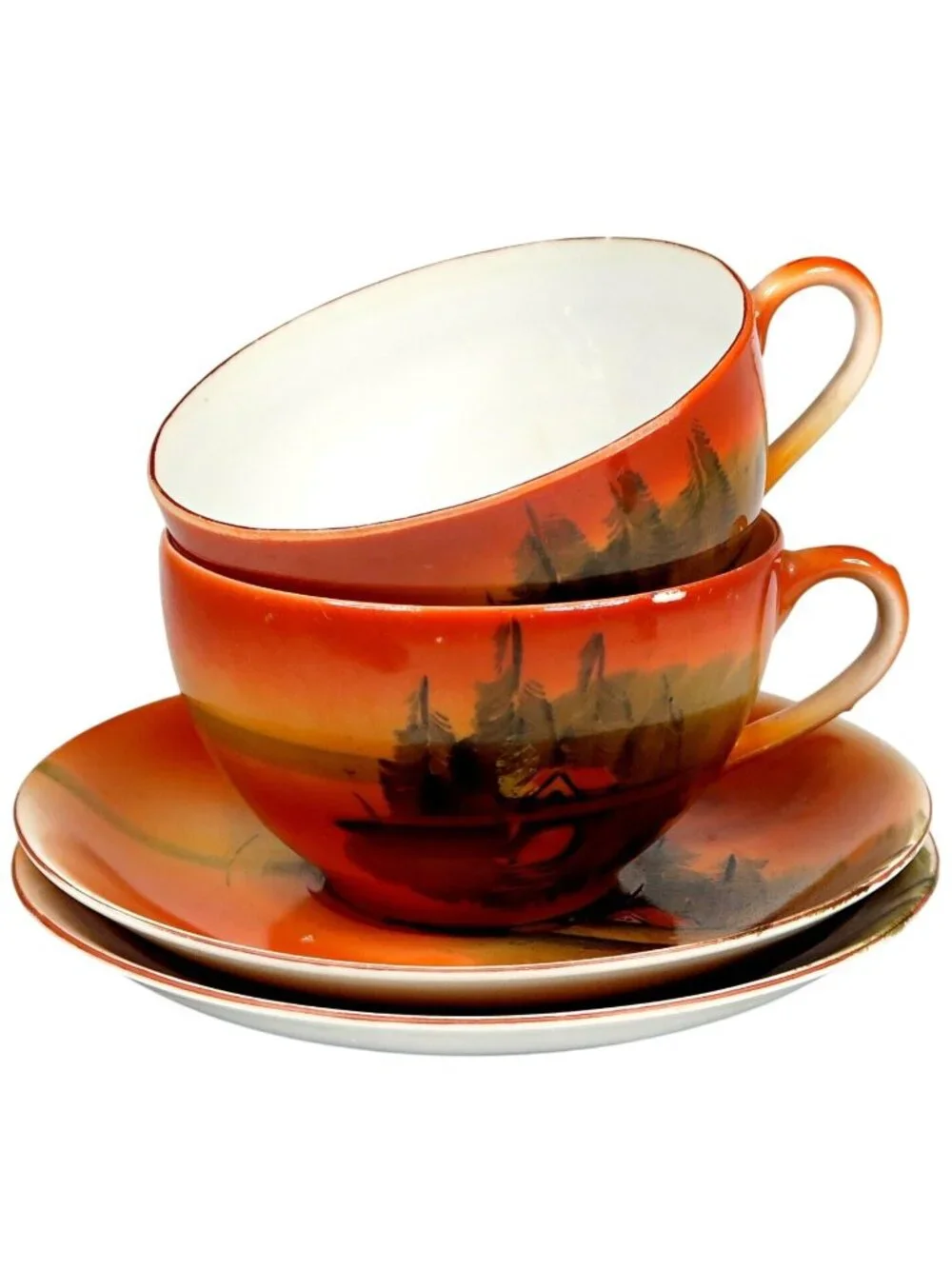 Scenic Luster Teacup & Saucer Pair 1920s-1940s Made in Japan Hand-Painted